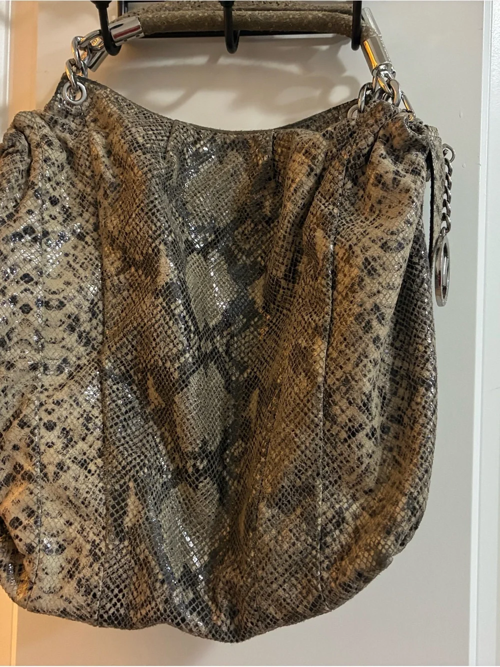 Michael Kors Brown Taupe Snake-Print Shoulder Bag